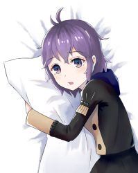 Rule 34 | 1girl, ahoge, ascot, bed, bernadetta von varley, blush, dogansa, fire emblem, fire emblem: three houses, gloves, grey eyes, highres, hood, long sleeves, looking at viewer, nintendo, hugging object, open mouth, pillow, pillow hug, purple hair, shadow, short hair, simple background, smile, solo, uniform, upper body, wavy mouth, white background