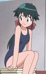 Rule 34 | azumaya koyuki, green eyes, green hair, keroro gunsou, looking back, ribbon, sitting, swimsuit