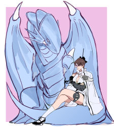 Rule 34 | 1boy, absurdres, black bow, blue-eyes white dragon, border, bow, brown hair, cape, cleavage cutout, closed mouth, clothing cutout, crossed legs, drag-on dragoon, drag-on dragoon 3, dragon, flower, hair bow, highres, kaiba seto, kneehighs, long sleeves, looking at another, male focus, nier (series), on (isk1812), pink background, short hair, sitting, socks, white border, white cape, white flower, white socks, yu-gi-oh!