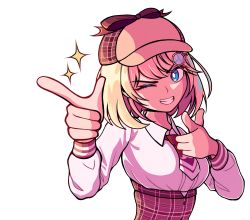 Rule 34 | 1girl, blonde hair, blue eyes, breasts, collared shirt, double finger gun, finger gun, hair ornament, hololive, hololive english, large breasts, long sleeves, looking at viewer, necktie, one eye closed, pointing, pointing at viewer, red necktie, shirt, short hair, solo, sparkle, virtual youtuber, watson amelia, white shirt, zetxune