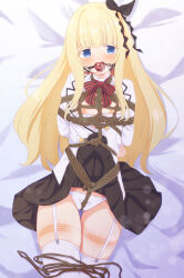 1girl absurdres arms_behind_back ball_gag bdsm bed bed_sheet between_breasts between_legs between_thighs black_bow black_ribbon black_skirt blonde_hair blue_eyes blush bondage bound bound_arms bound_breasts bound_torso bow bow_bra bowtie bra bra_pull breast_bondage breasts breasts_out breath cleft_of_venus clothes_lift clothes_pull collar collared_jacket collared_shirt commission commissioner_upload crotch_rope drooling embarrassed female_focus frilled_collar frilled_jacket frilled_panties frilled_shirt frilled_shirt_collar frills gag gagged garter_straps gluteal_fold hair_between_eyes hair_bow hair_ornament hair_ribbon hamuta_(machosbrown) highres jacket juliet_persia kishuku_gakkou_no_juliet long_hair long_sleeves looking_at_viewer lying medium_breasts nipples on_back open_clothes open_jacket open_mouth open_shirt panties pelvic_curtain pleated_skirt red_bow red_bowtie ribbon rope rope_marks saliva saliva_trail shibari shibari_over_clothes shirt sidelocks skeb_commission skin_tight skindentation skirt skirt_lift solo thigh_gap thigh_strap thighhighs thighs unbuttoned unbuttoned_jacket unbuttoned_shirt underwear very_long_hair white_background white_bra white_garter_straps white_jacket white_panties white_shirt white_thighhighs