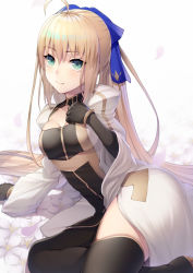 Rule 34 | 1girl, ahoge, artoria caster (fate), artoria caster (third ascension) (fate), artoria pendragon (fate), black dress, black gloves, black thighhighs, blonde hair, blush, breasts, cleavage cutout, closed mouth, clothing cutout, dress, elbow gloves, fate/grand order, fate (series), gloves, green eyes, kyoeiki, long hair, long sleeves, looking at viewer, small breasts, smile, thighhighs, thighs, two-tone dress, white dress