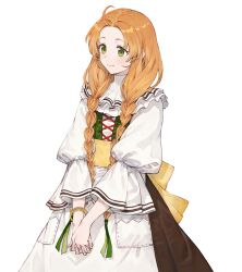 Rule 34 | 1girl, absurdres, ahoge, artist request, atelier (series), atelier marie, bodice, bracelet, braid, closed mouth, collar, dress, frilled collar, frills, green eyes, hair over shoulder, highres, jewelry, long hair, long sleeves, non-web source, official art, orange hair, own hands together, pocket, ring, schia donnerstage, simple background, smile, solo, standing, transparent background, twin braids, white dress, wide sleeves