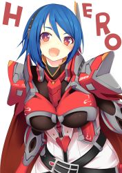 Rule 34 | 1girl, alternate breast size, armor, belt, blue hair, blush, breasts, fang, headband, highres, large breasts, looking at viewer, open mouth, pauldrons, phantasy star, phantasy star online 2, red eyes, short hair, shoulder armor, smile, solo, stratos (pso2), sukage, upper body
