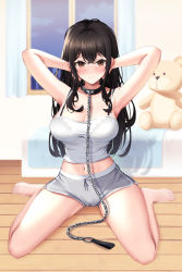 Rule 34 | 1girl, absurdres, armpits, arms behind head, arms up, bare arms, bare legs, barefoot, bdsm, black bra, blush, bra, bra visible through clothes, breasts, brown eyes, brown hair, cameltoe, cleavage, closed mouth, collar, copyright request, crop top, crossed bangs, curtains, dolphin shorts, embarrassed, full body, highres, indoors, lancheu, large breasts, leash, long hair, looking at viewer, midriff, shadow, short shorts, shorts, sitting, slave, solo, stomach, stuffed animal, stuffed toy, teddy bear, underwear, wariza, window, wooden floor
