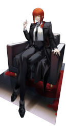 Rule 34 | 1girl, arlizi, armchair, black footwear, black necktie, black pants, black suit, braid, braided ponytail, breasts, chainsaw man, chair, closed mouth, collared shirt, formal, hand up, highres, index finger raised, light smile, long hair, long sleeves, looking at viewer, makima (chainsaw man), medium breasts, necktie, pants, red hair, ringed eyes, shirt, sidelocks, simple background, single braid, sitting, solo, suit, white background, white shirt, yellow eyes