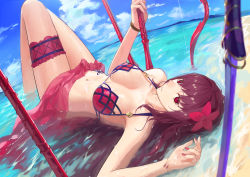 Rule 34 | 1girl, bare shoulders, beach, bikini, blue sky, bow (weapon), bracelet, breasts, bridal garter, cleavage, collarbone, fate/grand order, fate (series), flower, gae bolg (fate), hair between eyes, hair flower, hair ornament, hibiscus, highres, jewelry, katana, large breasts, long hair, looking at viewer, lying, nail polish, navel, ocean, on back, polearm, purple bikini, purple hair, red eyes, sarong, scathach (fate), scathach (fate/grand order), scathach (swimsuit assassin) (fate), shore, sky, solo, spear, swimsuit, sword, thighs, weapon, zonotaida