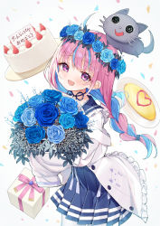 Rule 34 | 1girl, :d, absurdres, ahoge, blue choker, blue flower, blue hair, blue rose, blue skirt, blush, bouquet, box, braid, cake, choker, commentary request, flower, food, gift, gift box, head wreath, highres, hololive, jacket, long jacket, looking at viewer, minato aqua, minato aqua (sailor), multicolored hair, neko (minato aqua), nogami (minamiituki), omelet, omurice, open mouth, pink hair, plate, pleated skirt, purple eyes, ribbon choker, rose, skirt, sleeves past fingers, sleeves past wrists, smile, solo, translation request, twin braids, twintails, two-tone hair, virtual youtuber, white jacket