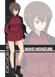 Rule 34 | 10s, 1girl, brown eyes, brown hair, character name, girls und panzer, halcon, highres, military, military uniform, nishizumi maho, short hair, simple background, solo, uniform, zoom layer