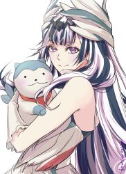 Rule 34 | 1girl, animal, bare shoulders, black hair, blunt bangs, closed mouth, dress, fire emblem, fire emblem engage, gloves, highres, holding, holding animal, long hair, looking at viewer, multicolored hair, nintendo, purple eyes, sleeveless, sleeveless dress, smile, sommie (fire emblem), twitter username, two-tone hair, umi ( oneinchswing), upper body, very long hair, veyle (fire emblem), white background, white dress, white gloves, white hair, wing hair ornament