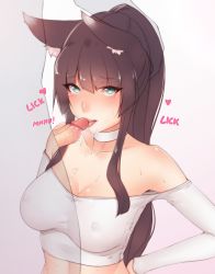 Rule 34 | 1boy, 1girl, animal ear fluff, animal ears, bare shoulders, blue eyes, bluefield, blush, breasts, brown hair, choker, collarbone, commentary, covered erect nipples, crop top, english text, fellatio, fox ears, fox girl, has bad revision, has censored revision, heart, hetero, highres, large breasts, long hair, open mouth, oral, original, penis, saliva, shirt, sidelocks, small penis, solo focus, sound effects, sweat, tongue, tongue out, uncensored, white choker, white shirt