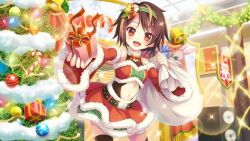 Rule 34 | 1girl, bandou mikuru, bell, belt, black belt, black thighhighs, blonde hair, breasts, brown hair, candy, candy cane, christmas lights, christmas ornaments, christmas tree, contrapposto, detached sleeves, dot nose, film grain, food, game cg, gift, glass ceiling, green hairband, green skirt, hair ornament, hairband, holding, holding gift, holding sack, incoming gift, indoors, izumi tsubasu, layered skirt, lens flare, looking at viewer, multicolored hair, navel, non-web source, official art, open mouth, re:stage!, red eyes, red skirt, red sleeves, sack, santa costume, short hair, skirt, small breasts, smile, snowflake print, solo, sparkle, speaker, star (symbol), stomach, streaked hair, stuffed animal, stuffed rabbit, stuffed toy, thighhighs, tinsel, two-tone hair, zettai ryouiki