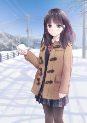 Rule 34 | 1girl, arm at side, arm up, black eyes, black hair, black pantyhose, black skirt, blush, bow, bowtie, brown coat, closed mouth, coat, collared shirt, commentary request, day, duffel coat, fence, highres, holding, long hair, long sleeves, looking at viewer, mountainous horizon, open clothes, open coat, original, outdoors, pantyhose, plaid, plaid skirt, pleated skirt, power lines, red bow, red bowtie, scenery, school uniform, shirt, skirt, smile, snow, snowball, solo, standing, striped bow, striped bowtie, striped clothes, striped neckwear, transformer, utility pole, white shirt, wing collar, yukimaru217