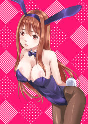 Rule 34 | 10s, 1girl, animal ears, arms behind back, bad id, bad pixiv id, bare shoulders, bent over, bow, bowtie, breasts, brown eyes, brown hair, rabbit ears, rabbit tail, cleavage, detached collar, fake animal ears, female focus, highres, kyuu umi, large breasts, leaning, leaning forward, leotard, lips, long hair, looking at viewer, maou (maoyuu), maoyuu maou yuusha, original, pantyhose, pink background, playboy bunny, polka dot, sad, solo, striped, tail