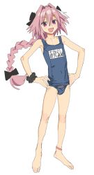 Rule 34 | 1boy, :d, absurdres, astolfo (fate), bare arms, bare legs, bare shoulders, barefoot, black bow, blue one-piece swimsuit, blush stickers, bow, braid, bulge, character name, collarbone, fang, fate/apocrypha, fate (series), full body, hair between eyes, hair bow, hands on own hips, highres, imamura ryou, long braid, long hair, looking at viewer, male focus, multicolored hair, name tag, old school swimsuit, one-piece swimsuit, open mouth, pink hair, purple eyes, revision, school swimsuit, school swimsuit flap, scrunchie, simple background, single braid, sketch, skin fang, smile, solo, standing, streaked hair, swimsuit, trap, two-tone hair, very long hair, white background, white hair, wrist scrunchie