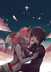 Rule 34 | 10s, 1boy, 1girl, absurdres, black hair, cloud, couple, crying, crying with eyes open, darling in the franxx, daruartworks, closed eyes, face-to-face, feathers, green eyes, highres, hiro (darling in the franxx), horns, hug, long hair, looking at another, night, night sky, pilot suit, pink hair, short hair, sky, star (sky), starry sky, tears, zero two (darling in the franxx)