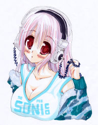 Rule 34 | 1girl, blush, breasts, cleavage, headphones, large breasts, long hair, looking at viewer, nitroplus, open mouth, pink hair, red eyes, smile, solo, super sonico, traditional media, yaya (yayaya)
