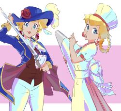 Rule 34 | 2girls, apron, blonde hair, chef hat, cowboy shot, dual persona, earrings, flower, hat, highres, holding, holding sword, holding weapon, jewelry, lipstick, looking at viewer, makeup, mario (series), multiple girls, nintendo, onepointzero, pastry bag, patissiere peach, pink background, princess peach, princess peach: showtime!, rose, smile, sword, swordfighter peach, two-tone background, weapon, white background