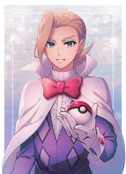 Rule 34 | 1boy, blonde hair, blue background, blue eyes, border, bow, bowtie, cape, center frills, creatures (company), eusine (pokemon), forehead, frilled shirt, frills, game freak, gem, gloves, grin, hand up, happy, highres, holding, holding poke ball, jacket, long sleeves, looking at viewer, maki (letusgomaki), male focus, nintendo, outside border, poke ball, poke ball (basic), pokemon, pokemon hgss, purple jacket, red bow, red bowtie, red gemstone, shirt, short hair, smile, solo, standing, teeth, traditional bowtie, upper body, white border, white cape, white gloves, white shirt