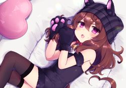 Rule 34 | 1girl, alternate costume, animal ears, animal hands, beanie, bed sheet, bell, black hat, black leotard, black thighhighs, blush, bow, bowtie, brown hair, cat paws, ears through headwear, fang, feet out of frame, gloves, hat, heart, heart-shaped pillow, highres, horse ears, horse girl, horse tail, leotard, long hair, looking at viewer, lying, nakayama festa (umamusume), neck bell, on side, open mouth, paw gloves, pillow, purple eyes, red bow, red bowtie, skin fang, solo, sweatdrop, tail, thighhighs, umamusume, watermelon-0615