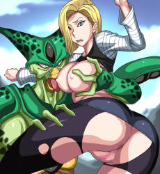 Rule 34 | 1girl, android 18, ass, blonde hair, blue eyes, bob cut, grabbing another&#039;s breast, breasts, breasts out, cell (dragon ball), censored, dragon ball, dragonball z, earrings, from behind, grabbing, ichijiku, jewelry, large breasts, leg grab, licking, long sleeves, mosaic censoring, nipples, no bra, no panties, open mouth, outdoors, pantyhose, pussy, raglan sleeves, rape, skirt, tail, tongue, tongue out, torn clothes, torn legwear