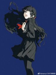 Rule 34 | 1girl, black eyes, black hair, black pantyhose, black sailor collar, black serafuku, black skirt, blue background, commentary, feet out of frame, floating hair, from side, hair ornament, hairclip, hand on own chest, hand up, highres, long hair, long sleeves, looking at viewer, looking to the side, neckerchief, nijisanji, open mouth, pantyhose, pleated skirt, popoyu, red neckerchief, sailor collar, school uniform, serafuku, simple background, skirt, solo, standing, tsukino mito, tsukino mito (5th costume), virtual youtuber, weibo logo, weibo username