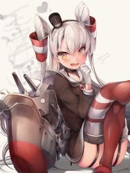 Rule 34 | 1girl, amatsukaze (kancolle), brown dress, character name, dress, fang, garter straps, gloves, hair tubes, kantai collection, lifebuoy ornament, long hair, looking at viewer, machinery, n:go, red thighhighs, rensouhou-kun, rudder footwear, sailor dress, short dress, silver hair, simple background, sitting, skin fang, smokestack hair ornament, solo, striped clothes, striped thighhighs, thighhighs, two side up, white background, white gloves