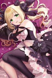 Rule 34 | 1girl, ahoge, backless dress, backless outfit, bare shoulders, black bow, black dress, black ribbon, black sleeves, black thighhighs, blonde hair, blurry, blush, bow, bowtie, breasts, brooch, clothing cutout, depth of field, detached sleeves, dot nose, dress, dress bow, falling petals, gem, glint, green eyes, hair bow, hair ribbon, hands up, heart, heart brooch, heart in eye, heart print, highres, idolmaster, idolmaster cinderella girls, idolmaster cinderella girls starlight stage, index finger raised, jewelry, large breasts, layered dress, long hair, looking at viewer, lying, midriff, navel, on side, open mouth, pearl (gemstone), petals, pink bow, pink bowtie, print dress, print sleeves, print thighhighs, ribbon, sakura ran, sato shin, single thighhigh, sleeveless, sleeveless dress, smile, solo, sparkle, stomach cutout, symbol in eye, thighhighs, twintails, wide sleeves