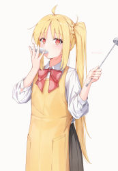 Rule 34 | 1girl, absurdres, ahoge, apron, black skirt, blonde hair, bocchi the rock!, bow, bowtie, brown background, collared shirt, commentary, cowboy shot, daidai (daidai826), hair ornament, hair scrunchie, highres, holding, holding ladle, holding plate, ijichi nijika, ladle, long hair, long sleeves, plate, pleated skirt, red bow, red bowtie, red eyes, school uniform, scrunchie, shirt, side ponytail, simple background, skirt, solo, tasting plate, twitter username, white shirt, yellow apron