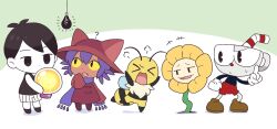 Rule 34 | 1girl, 1other, 3boys, alternate size, animal ears, animal hat, bee, black hair, blue hair, blue scarf, brown footwear, brown tunic, bug, bug fables, cat ears, cat hat, closed eyes, cuphead, cuphead (game), flowey (undertale), gloves, hat, insect, ko ginoki wi, multiple boys, niko (oneshot), object head, omori, oneshot (game), open mouth, pants, red pants, scarf, slit pupils, sunny (omori), tunic, undertale, vi (bug fables), white gloves, white pants, yellow petals