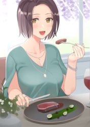 Rule 34 | 1girl, :d, alcohol, black hair, blush, bracelet, breasts, cleavage, collarbone, cup, drinking glass, food, fork, green shirt, highres, indoors, jewelry, kitazawa (embers), looking at viewer, medium breasts, nail polish, necklace, open mouth, original, plant, plate, potted plant, red wine, resolution mismatch, ring, sauce, shirt, short hair, smile, solo, source smaller, steak, sunlight, upper body, v-neck, window, wine, wine glass, yellow eyes