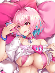 Rule 34 | 1girl, ahoge, areola slip, bakugadou, bangle, bare shoulders, bikini, blue hair, blush, bracelet, breasts, collar, collarbone, covered erect nipples, earrings, fang, fingernails, foreshortening, frills, hair between eyes, hair intakes, hands up, head on pillow, heart, heart-shaped lock, holding, holding phone, idolmaster, idolmaster cinderella girls, jewelry, large breasts, looking at phone, lying, multicolored hair, off-shoulder shirt, off shoulder, on back, open mouth, phone, pill earrings, pillow, pink bikini, pink collar, pink eyes, pink hair, pink wristband, ring, shirt, short sleeves, sidelocks, skeleton print, smartphone case, smile, solo, swimsuit, t-shirt, tongue, two-tone hair, upper body, v-shaped eyebrows, white frills, white shirt, yumemi riamu