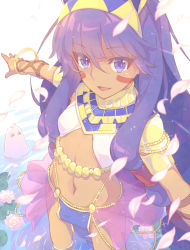 Rule 34 | 1girl, animal ears, armor, belly chain, bracelet, breasts, dark-skinned female, dark skin, earrings, egyptian, egyptian clothes, facepaint, facial mark, fate/grand order, fate (series), highres, hoop earrings, jackal ears, jewelry, long hair, looking at viewer, low-tied long hair, medjed (fate), navel, nitocris (fate), open mouth, pauldrons, petals, purple eyes, purple hair, saipaco, shoulder armor, small breasts, smile, thighs, usekh collar, water