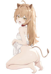 Rule 34 | 1girl, absurdres, ahoge, animal ears, ass, bare arms, bare legs, bare shoulders, barefoot, bottomless, breasts, brown hair, clothes lift, collar, crossed bangs, dress, dress lift, feet, frilled dress, frills, hair between eyes, highres, indie virtual youtuber, light brown hair, lion ears, lion girl, lion tail, long hair, looking at viewer, nihnfinite8, no panties, rurudo lion, rurudo lion (1st costume), simple background, sleeveless, sleeveless dress, small breasts, solo, sundress, tail, virtual youtuber, white background, white dress, yellow eyes