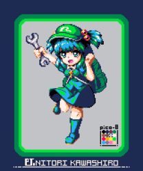 Rule 34 | 1girl, :d, backpack, bag, blouse, blue dress, blue eyes, blue footwear, blue hair, blue shirt, blue skirt, boots, character name, dress, flat cap, full body, green bag, green hat, greenapple (g apple0511), hair bobbles, hair ornament, hat, holding, holding wrench, kawashiro nitori, leg up, limited palette, looking at viewer, mixed-language commentary, multicolored background, open mouth, pixel art, rubber boots, shirt, short hair, skirt, smile, solo, standing, standing on one leg, touhou, two side up, wrench