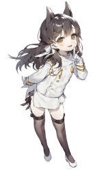 Rule 34 | 1girl, aged down, animal ears, atago (azur lane), azur lane, black hair, black thighhighs, bow, commentary request, extra ears, full body, gimt, index finger raised, leaning forward, long hair, looking at viewer, military, military uniform, miniskirt, mole, mole under eye, outstretched hand, ribbon, skirt, swept bangs, thighhighs, tongue, tongue out, uniform, white bow, white footwear, white ribbon, yellow eyes