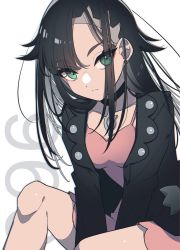 Rule 34 | 1girl, alternate hair length, alternate hairstyle, aru (citrine drplt), black choker, black hair, black jacket, choker, closed mouth, collarbone, commentary request, creatures (company), dress, earrings, eyelashes, game freak, green eyes, highres, jacket, jewelry, knees, looking at viewer, marnie (pokemon), nintendo, open clothes, open jacket, pink dress, pokemon, pokemon swsh, solo, white background