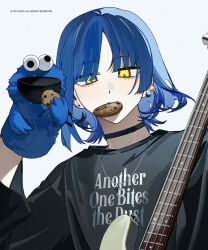 Rule 34 | 1girl, black choker, black shirt, blue hair, bocchi the rock!, choker, clothes writing, cookie monster, earrings, food, grey background, hand puppet, highres, instrument, jewelry, k00s, long sleeves, looking at viewer, mouth hold, puppet, sesame street, shirt, short hair, simple background, solo, upper body, yamada ryo, yellow eyes
