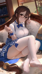 Rule 34 | 1girl, apron, ass, black-framed eyewear, blue apron, blue bow, blue bowtie, blush, bookshelf, bow, bowtie, braid, breasts, brown hair, collared shirt, couch, ear piercing, earrings, fate/grand order, fate (series), feet, gingham apron, glasses, highres, jewelry, large breasts, legs, long hair, looking at viewer, low-tied long hair, multiple earrings, panties, piercing, plaid, plaid apron, shirt, short sleeves, single braid, sitting, skirt, solo, thighhighs, thighs, underwear, very long hair, white panties, white shirt, white thighhighs, wrist cuffs, yijian ma, yu mei-ren (fate), yu mei-ren (first ascension) (fate)