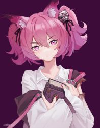 Rule 34 | 1girl, animal ear fluff, animal ears, arknights, azhi1997, book, closed mouth, collared shirt, commentary request, fingernails, hair between eyes, hair ornament, highres, long fingernails, long sleeves, looking at viewer, nail polish, hugging object, pink hair, puffy long sleeves, puffy sleeves, purple background, purple eyes, red nails, shamare (arknights), shirt, simple background, sleeves past wrists, solo, torn clothes, torn shirt, twintails, upper body, v-shaped eyebrows, white shirt