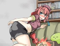 Rule 34 | 1girl, bent over, beret, blush, braid, clothes pull, female focus, hat, heterochromia, indoors, long hair, multicolored eyes, ocha no mae, open mouth, original, pink hair, shorts, shorts pull, solo
