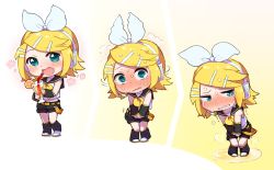 Rule 34 | 1girl, @ @, akatsu, aqua eyes, averting eyes, belt, between legs, black legwear, black sailor collar, black shorts, blonde hair, blush, bow, chibi, collarbone, crying, cup, detached sleeves, drink, drinking glass, drinking straw, embarrassed, female focus, food, fruit, full body, glass, gradient background, hair bow, hair ornament, hairclip, half-closed eyes, hand between legs, hands up, have to pee, headphones, headset, holding, kagamine rin, knees together feet apart, leg warmers, looking at viewer, looking to the side, midriff, multiple views, neckerchief, nose blush, open mouth, orange (fruit), orange slice, own hands together, pee, peeing, peeing self, pigeon-toed, puddle, sailor collar, shirt, shoes, short hair, short shorts, shorts, simple background, sleeveless, sleeveless shirt, smile, standing, steam, sweat, tears, trembling, v arms, vocaloid, wet, wet clothes, white background, white bow, white footwear, white shirt, yellow background, yellow neckerchief
