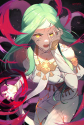 Rule 34 | 1girl, absurdres, aura, bare shoulders, breasts, dark aura, dark persona, dress, fire emblem, fire emblem: three houses, fire emblem heroes, glowing, glowing eyes, green hair, highres, jewelry, large breasts, long dress, long hair, long sleeves, looking at viewer, necklace, nintendo, open mouth, pale skin, parted bangs, parupome, rhea (fire emblem), shouting, slit pupils, solo, v-shaped eyebrows, very long hair, white dress, yellow eyes