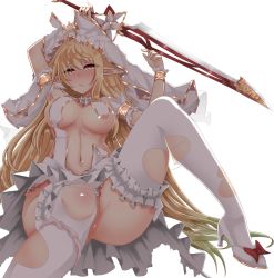 Rule 34 | 1girl, absurdres, ahoge, armlet, armpits, bare shoulders, blonde hair, blush, breasts, bridal veil, choker, dress, elf, foot out of frame, gold trim, half-closed eyes, high heels, highres, holding, holding sword, holding weapon, large breasts, long hair, looking at viewer, navel, open mouth, orange eyes, original, panties, panties around leg, partially visible vulva, pink panties, pointy ears, revealing clothes, sidelocks, simple background, sitting, solo, stomach, suisui (hakkindou), sword, thighhighs, torn clothes, torn thighhighs, underwear, veil, very long hair, weapon, wedding dress, white background, white dress, white footwear, white thighhighs