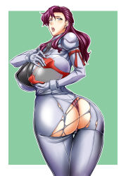 Rule 34 | 1990s (style), 1girl, abdg, ass, blush, bodysuit, breasts, earrings, embarrassed, from behind, gigantic breasts, gundam, helmet, huge ass, huge breasts, jewelry, junko jenko, long hair, looking down, narrow waist, open mouth, pilot suit, purple eyes, purple hair, retro artstyle, shiny clothes, shiny skin, skin tight, solo, thong, torn clothes, victory gundam, wide hips