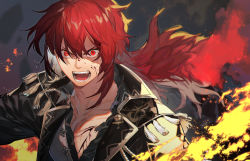 Rule 34 | 1boy, abstract background, angry, black jacket, blood, blood on chest, blood on face, commentary request, diluc (genshin impact), fire, genshin impact, grey background, hair between eyes, highres, jacket, long hair, male focus, open clothes, open shirt, red eyes, red hair, shouting, solo, tassel, teeth, tsunami (sorudora), upper body