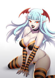 Rule 34 | 1girl, absurdres, arm support, arm warmers, bikini, black bikini, black thighhighs, blue hair, choker, collarbone, colored skin, fangs, grey skin, halloween, head wings, highres, long hair, looking at viewer, nail polish, open mouth, orange bikini, orange thighhighs, original, pointy ears, red eyes, sitting, smile, solo, striped bikini, striped clothes, striped thighhighs, swimsuit, thighhighs, vampire, white background, wings, zeshgolden