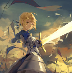 Rule 34 | 1girl, alternate hairstyle, armor, armored dress, artoria pendragon (fate), battlefield, blonde hair, fate/stay night, fate (series), flag, gauntlets, highres, huanxiang heitu, metal gloves, saber (fate), sword, weapon, yellow eyes