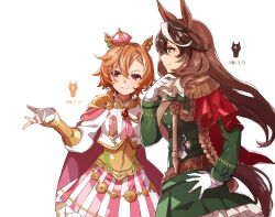 Rule 34 | 2girls, aiguillette, animal ears, armor, asymmetrical bangs, breasts, brown hair, cape, closed mouth, corset, crown, epaulettes, gloves, green eyes, green skirt, hand on own hip, horse ears, horse girl, horse tail, ascot, long sleeves, mini crown, multicolored hair, multiple girls, nanaheibei 3, orange hair, pink cape, purple eyes, red cape, shirt, short hair, shoulder armor, sideways mouth, skirt, small breasts, smile, symboli rudolf (umamusume), t.m. opera o (umamusume), tail, timestamp, two-tone skirt, umamusume, upper body, white background, white gloves, white shirt
