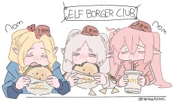 Rule 34 | 3girls, alternate hairstyle, alternate species, blonde hair, blue robe, blush, bocchi the rock!, braid, burger, chips (food), closed eyes, crossover, drinking straw, drinking straw in mouth, dungeon meshi, eating, english text, food, french braid, frieren, gotoh hitori, hair ribbon, hat, highres, holding, holding burger, holding food, jacket, long hair, marcille donato, mcdonald&#039;s, mini hat, multiple crossover, multiple girls, pink jacket, pointy ears, potato chips, red headwear, red ribbon, ribbon, robe, simple background, sousou no frieren, track jacket, twintails, twitter username, white background, white hair, yunayuispink